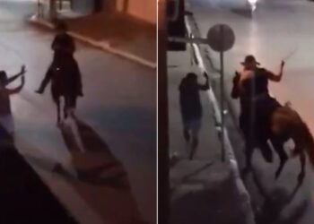 Homem montado em cavalo chicoteia jovem e é preso