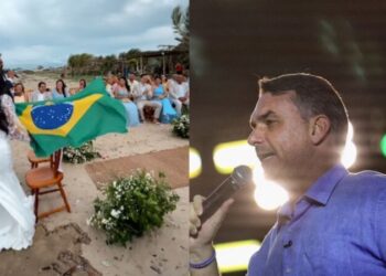 Durante votos de casamento, casal declara apoio a Flávio